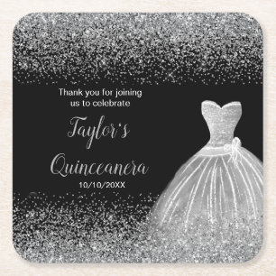 Quinceanera Silver Faux Glitter Square Paper Coaster