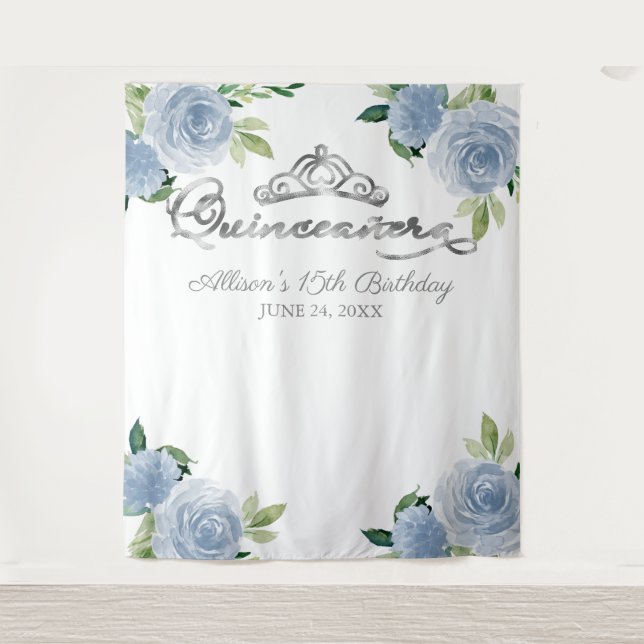 Quinceanera Silver Foil Tiara Blue Floral Backdrop (Front)