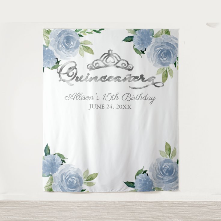 Quinceanera Silver Foil Tiara Blue Floral Backdrop | Zazzle