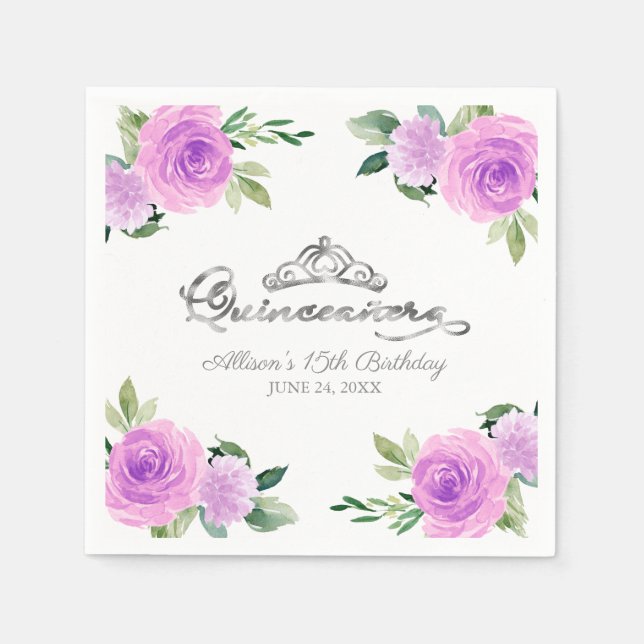 Quinceanera Silver Foil Tiara Colorful Floral Napkins (Front)