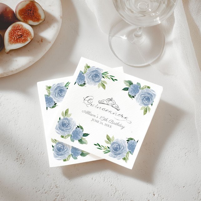 Quinceanera Silver Foil Tiara Light Blue Floral Napkins (Creator Uploaded)