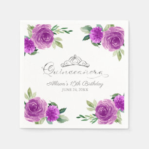 Quinceanera Silver Foil Tiara Purple Floral Napkins