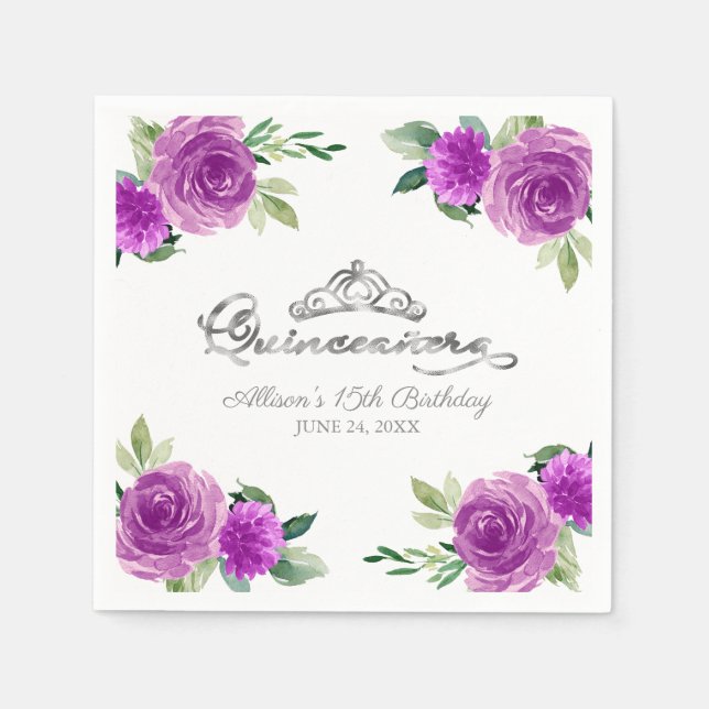 Quinceanera Silver Foil Tiara Purple Floral Napkins (Front)