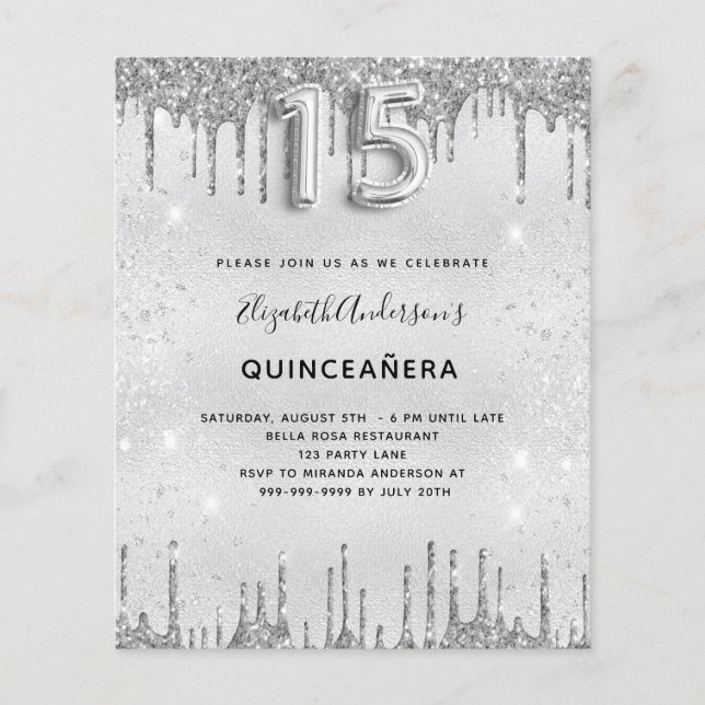 Quinceanera silver glitter budget invitation (Front)