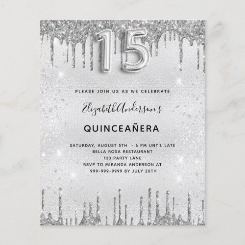 Quinceanera silver glitter budget invitation