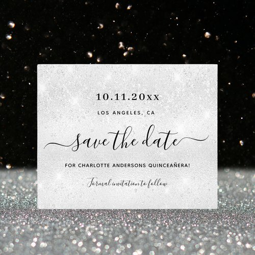 Quinceanera silver glitter budget save the date flyer