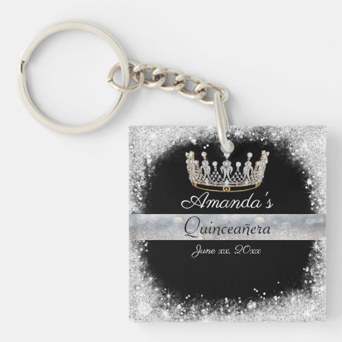 Quinceanera Silver Glitter Diamond Princess Crown Keychain