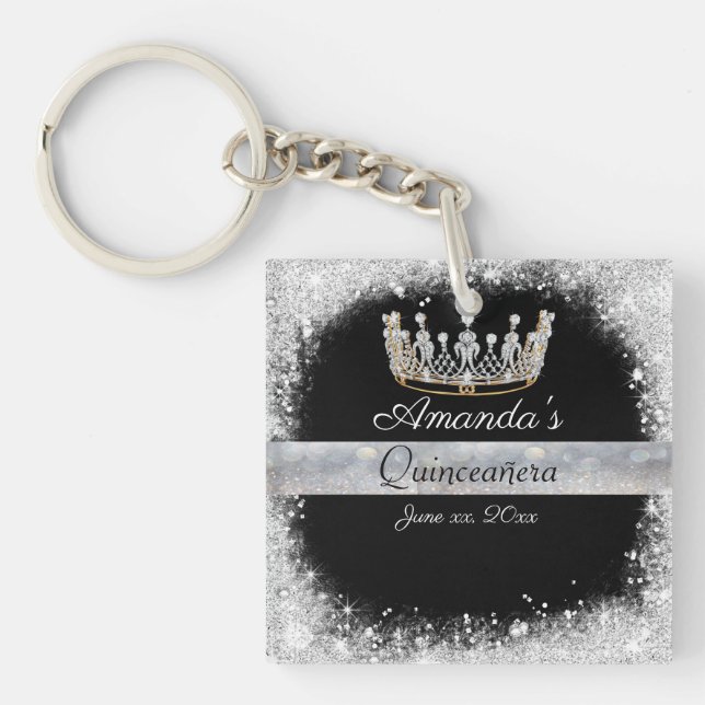Quinceanera Silver Glitter Diamond Princess Crown Keychain (Front)