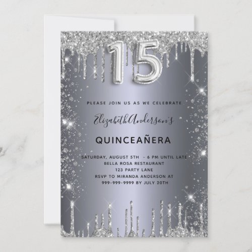 Quinceanera silver glitter drips glamorous invitation