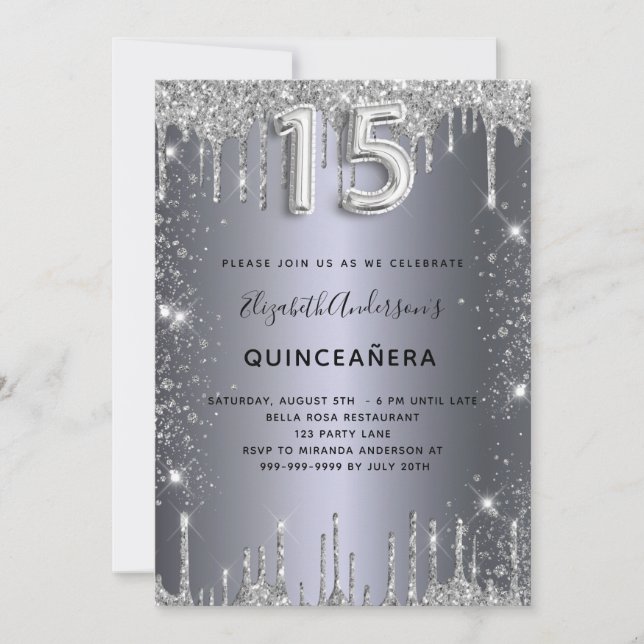Quinceanera silver glitter drips invitation (Front)