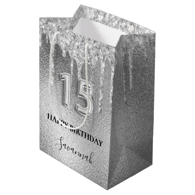Quinceanera silver glitter drips monogram  medium gift bag (Back Angled)