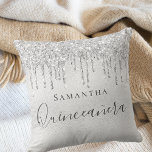 Quinceanera silver glitter drips monogram name throw pillow<br><div class="desc">A pillow for a Quinceañera,  15th years old girls room. A faux silver metallic looking background with faux glitter drips,  paint dripping look. The text: Quinceañera is written in dark gray with a large modern hand lettered style script. Personalize and add a name.</div>