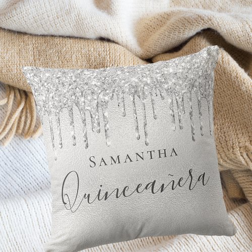 Quinceanera silver glitter drips monogram name throw pillow