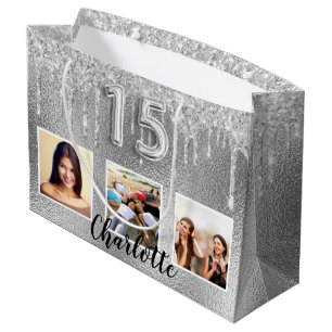 Quinceanera silver glitter drips photo name large gift bag
