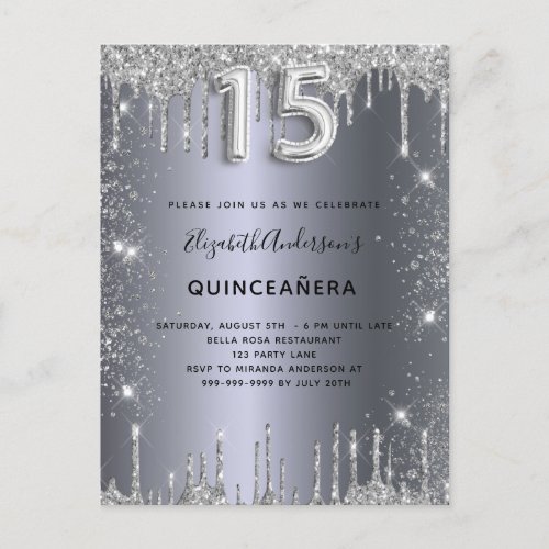 Quinceanera silver glitter dust invitation postcard