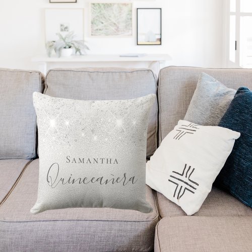 Quinceanera silver glitter dust monogram name throw pillow