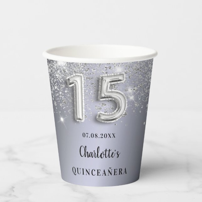 Quinceanera silver glitter dust monogram paper cups (Front)
