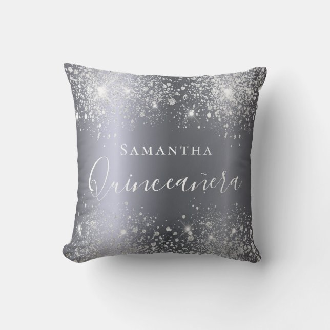 Quinceanera silver glitter dust monogram throw pillow (Front)