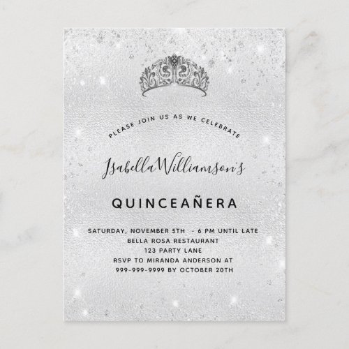 Quinceanera silver glitter dust tiara crown invitation postcard