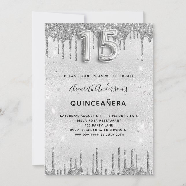 Quinceanera silver glitter elegant invitation (Front)