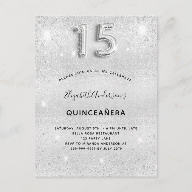 Quinceanera silver glitter glamorous invitation postcard (Front)
