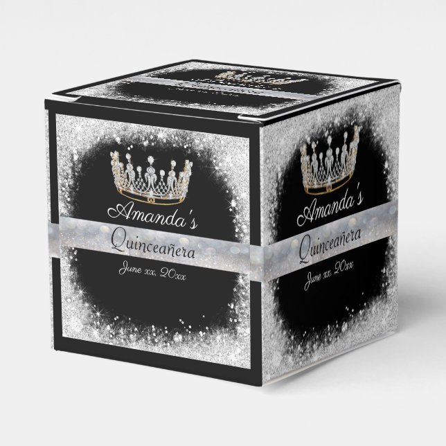 Quinceanera Silver Glitter Gold Crown Favor Box (Front Side)