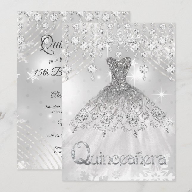 Quinceanera Silver Glitter Gown Birthday Party Invitation (Front/Back)