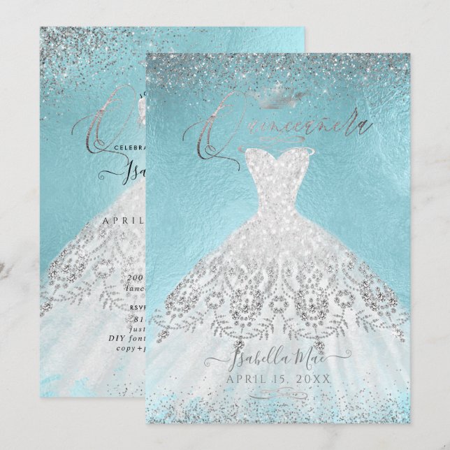 Quinceanera Silver Glitter Gown, DIY Blue Invitation (Front/Back)
