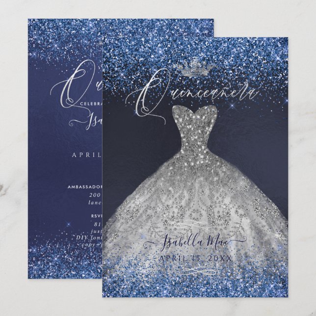 Quinceanera Silver Glitter Gown Invitation (Front/Back)