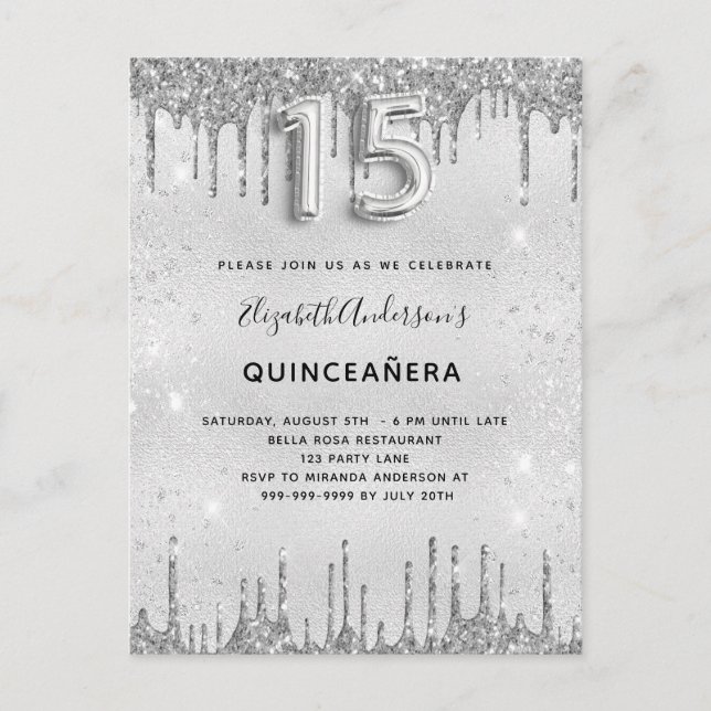 Quinceanera silver glitter invitation (Front)