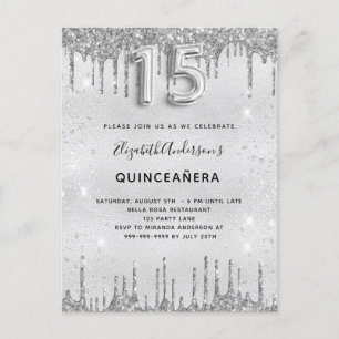 Quinceanera silver glitter invitation postcard