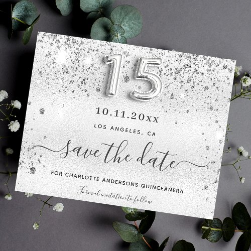 Quinceanera silver glitter metal save the date