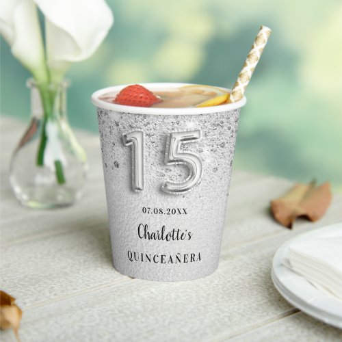 Quinceanera silver glitter name elegant party paper cups
