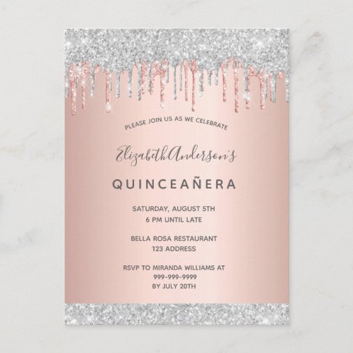 Quinceanera silver glitter pink rose invitation postcard