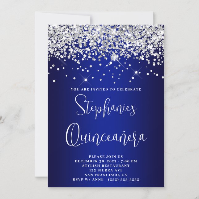 Quinceañera Silver Glitter Royal Blue Navy Ombre Invitation (Front)