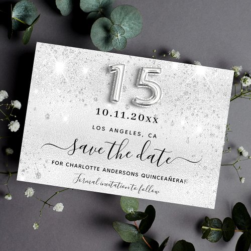 Quinceanera silver glitter sparkles glamorous save the date