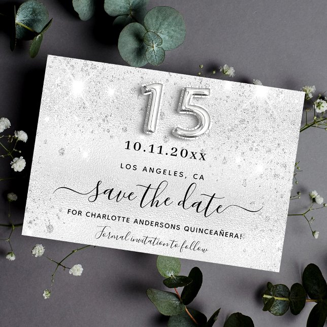 Quinceanera silver glitter sparkles glamorous save the date (Creator Uploaded)