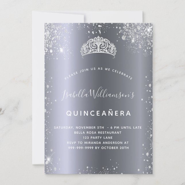 Quinceanera silver glitter tiara crown invitation (Front)