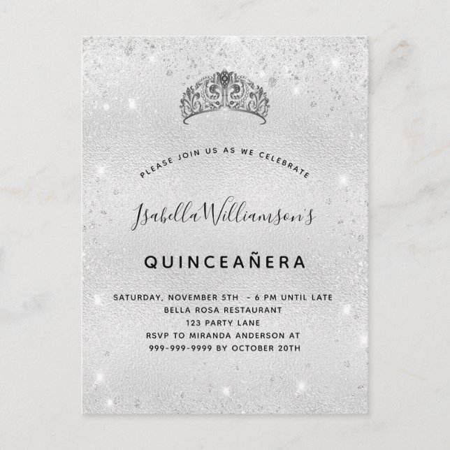 Quinceanera silver glitter tiara crown invitation postcard (Front)