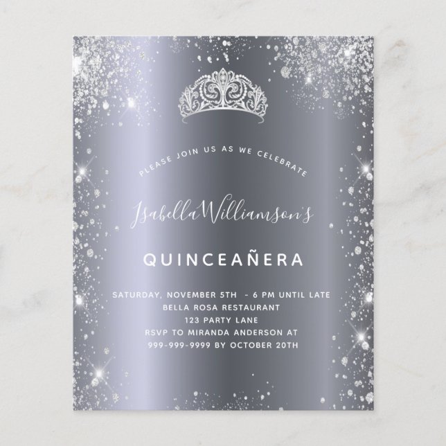 Quinceanera silver glitter tiara invitation (Front)