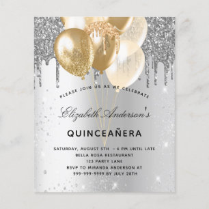 Quinceanera silver gold balloons budget invitation flyer