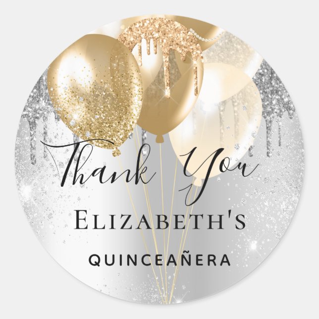 Quinceanera silver gold glitter balloons thank you classic round sticker (Front)
