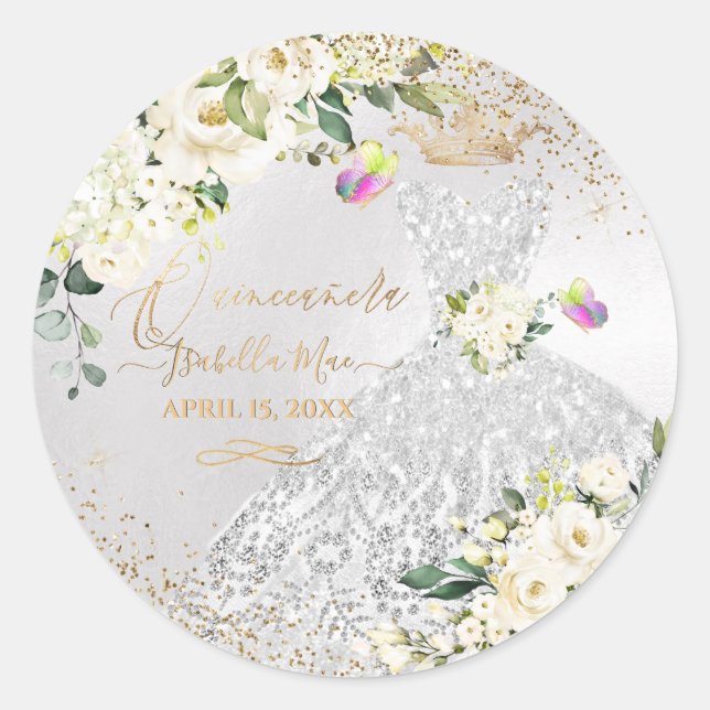Quinceanera Silver Gown Gold Glitter Cream Roses C Classic Round Sticker (Front)