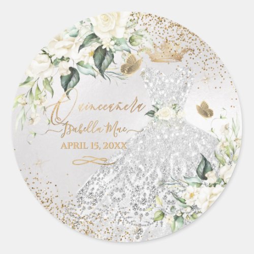 Quinceanera Silver Gown Gold Glitter Cream Roses C Classic Round Sticker