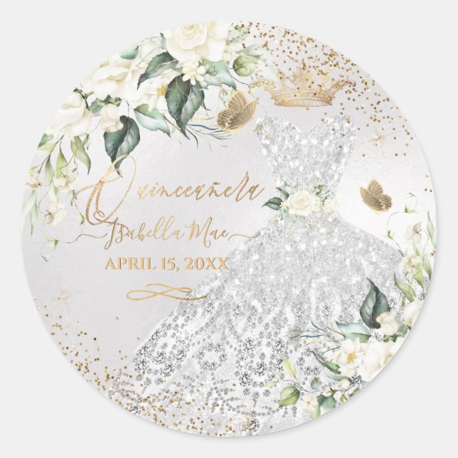 Quinceanera Silver Gown Gold Glitter Cream Roses C Classic Round Sticker (Front)