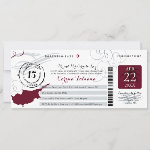 Quinceanera Silver Gray and Burgundy CYPRUS Invitation