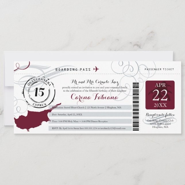 Quinceanera Silver Gray and Burgundy CYPRUS Invitation (Front)
