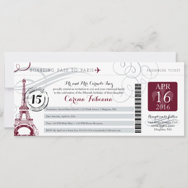 Quinceanera Silver Gray and Burgundy | Paris Invitation (Front)