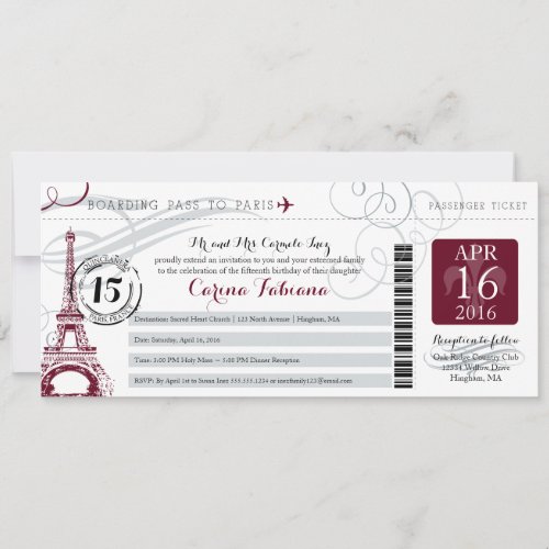 Quinceanera Silver Gray and Burgundy  Paris Invitation