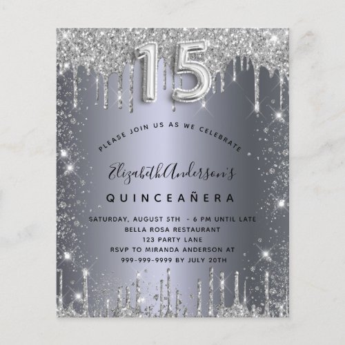 Quinceanera silver metal glitter budget invitation flyer